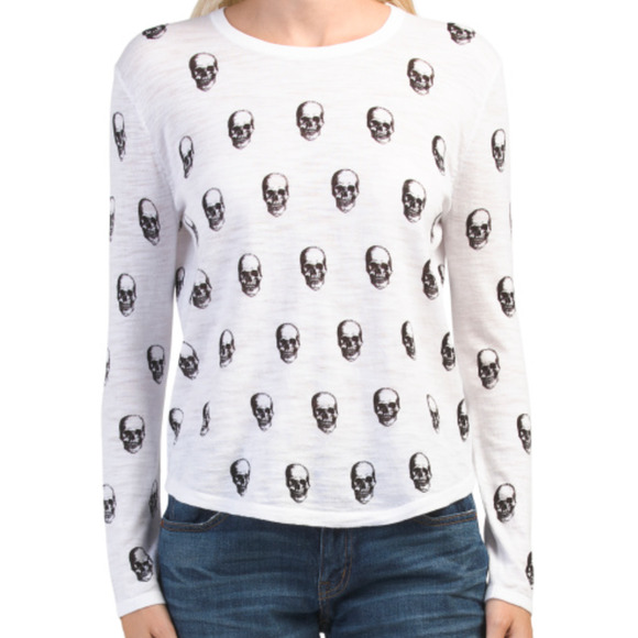 SKULL CASHMERE Kalissa 100% Cotton Skull Print Long Sleeve Knit Top Tee Shirt XS - Picture 1 of 5